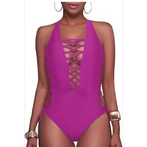 Holipick One Piece Bathing Suit Small Lace Up Plunge Neck Tie Up Hot Pink NWT